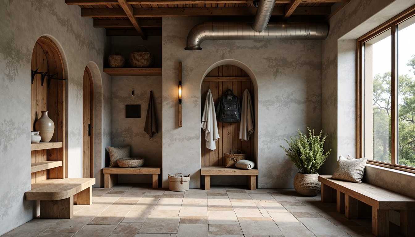 Prompt: Rustic mudroom, brutalist architecture, raw concrete walls, exposed ductwork, reclaimed wood accents, natural stone flooring, rough-hewn wooden benches, industrial metal hooks, woven wicker baskets, earthy color palette, warm ambient lighting, shallow depth of field, 3/4 composition, realistic textures, ambient occlusion, organic shapes, handcrafted details.