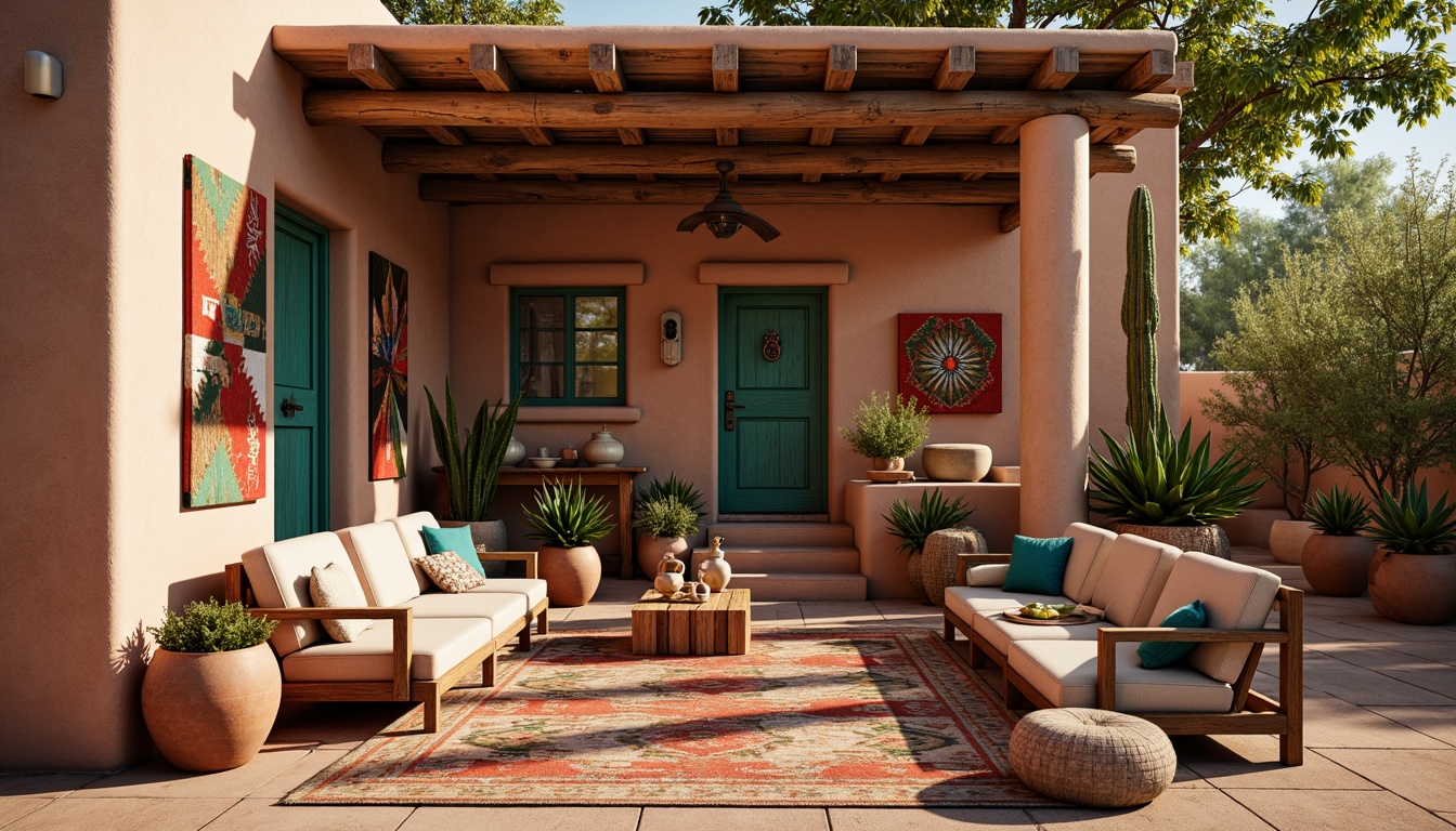 Prompt: Vibrant turquoise accents, terracotta pottery, woven Native American patterns, rustic wooden beams, earthy adobe walls, colorful serape blankets, geometric tile work, ornate metal door hardware, distressed leather furniture, natural fiber rugs, potted cacti, sunny desert landscape, warm golden lighting, soft shadows, 1/2 composition, intimate close-up shots, realistic textures, ambient occlusion.