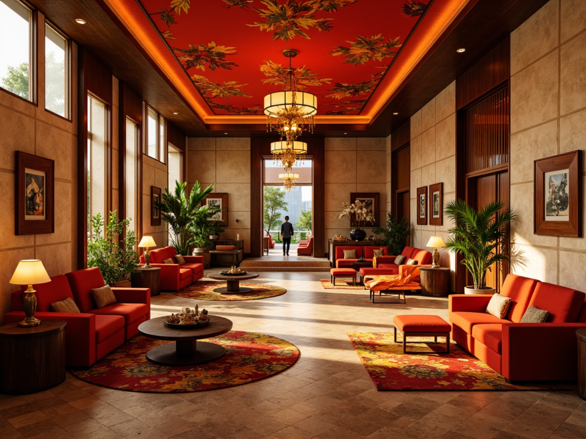 Prompt: Vibrant hospitality interior, warm golden lighting, rich wood accents, bold red and orange hues, eclectic furniture pieces, plush velvet fabrics, metallic bronze fixtures, abstract expressionist artwork, dramatic ceiling heights, open floor plans, grand entranceways, lavish chandeliers, ornate mirrors, sophisticated lounge areas, cozy reading nooks, luxurious spa facilities, tropical plant arrangements, warm beige stone walls, elegant curves, whimsical decorative patterns, inviting atmosphere, 1/1 composition, soft focus blur, realistic textures.