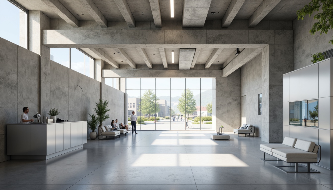 Prompt: Raw concrete walls, exposed ductwork, industrial lighting, minimalist furniture, sterile white surfaces, bold architectural lines, brutalist aesthetic, functional medical equipment, stainless steel counters, sleek glass partitions, muted color palette, natural light pouring in, subtle texture variations, shallow depth of field, 2/3 composition, atmospheric misting, realistic reflections, ambient occlusion.