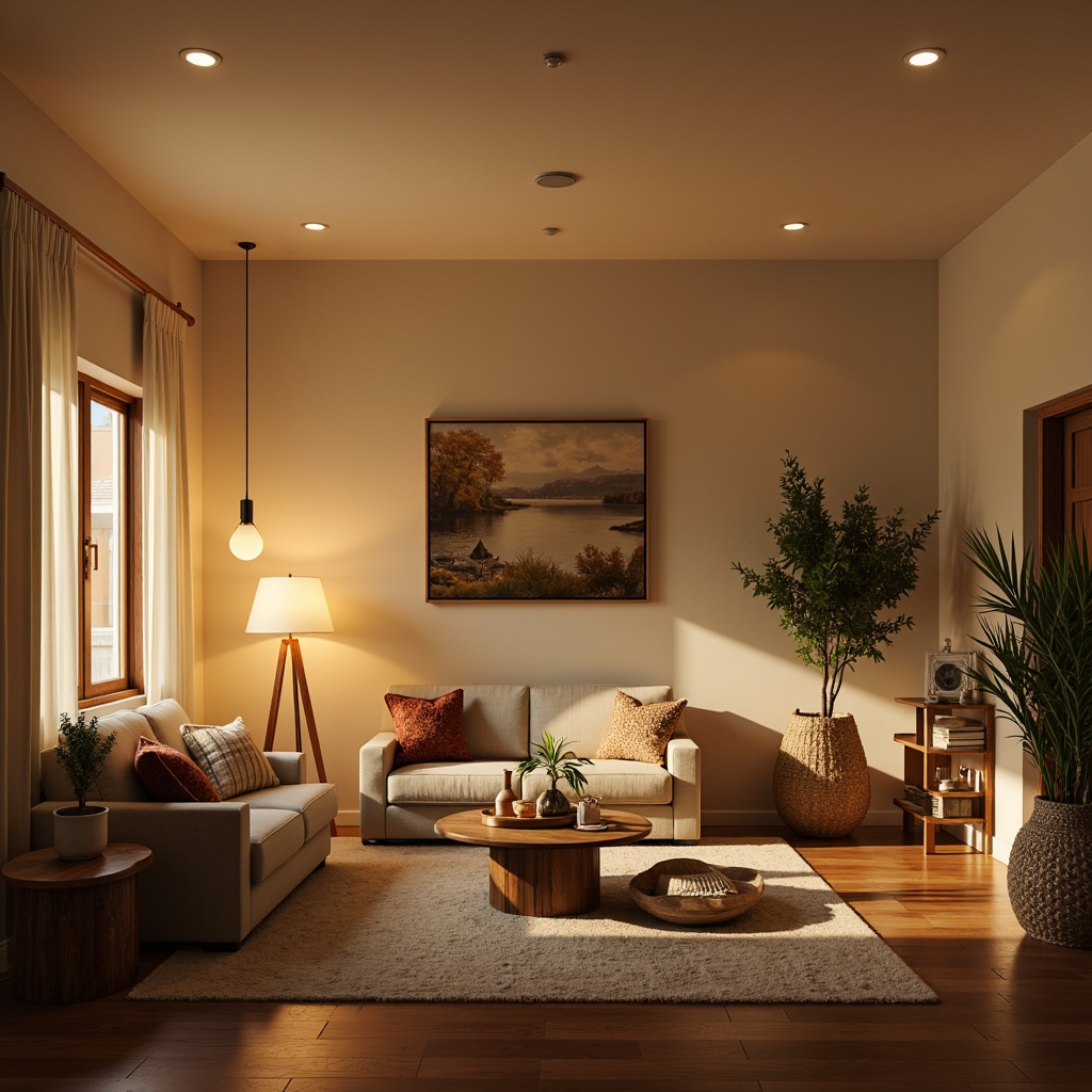 Prompt: Cozy living room, warm beige walls, plush sofas, wooden coffee tables, soft rugs, table lamps, floor lamps, pendant lights, warm white lighting, dimmable switches, layered lighting effects, relaxing ambiance, calm mood, evening atmosphere, golden hour, natural materials, woven baskets, greenery plants, minimalist decor, soft pastel colors, rounded shapes, inviting textures, intimate seating areas, soft music background.