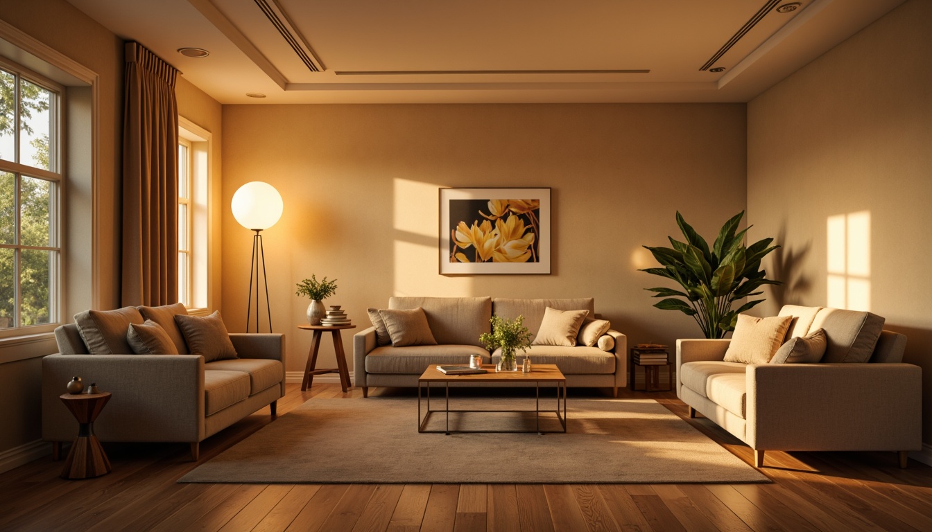 Prompt: Cozy living room, warm beige walls, plush velvet sofas, soft golden lighting, floor lamps, table lamps, ceiling fixtures, natural wood flooring, minimalist decor, modern furniture, comfortable seating areas, relaxing ambiance, subtle color palette, gentle shadows, 1/1 composition, shallow depth of field, soft focus, warm color temperature.