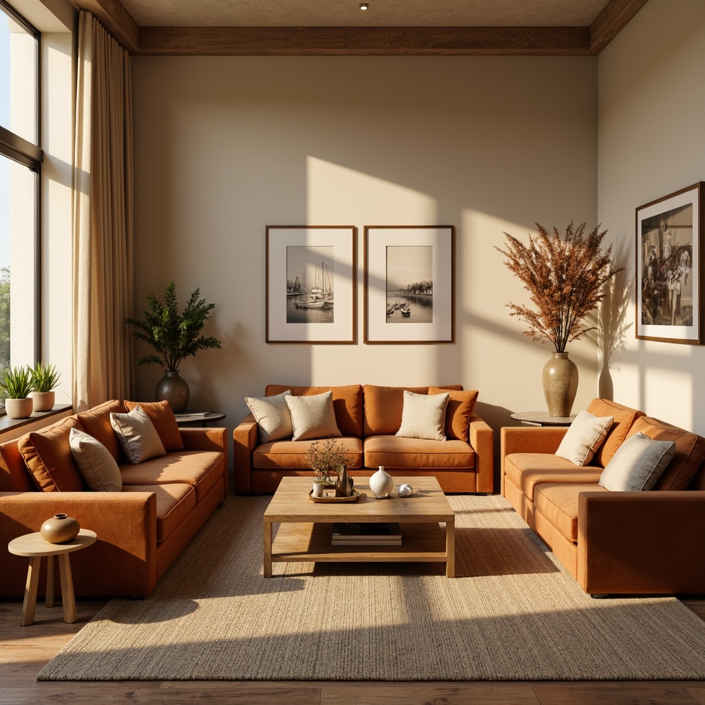 Prompt: Richly furnished living room, warm beige walls, plush velvet sofas, wooden coffee tables, metallic gold accents, soft cream-colored curtains, natural fiber rugs, earthy terracotta vases, minimalist decorative frames, calming ambient lighting, 1/2 composition, shallow depth of field, realistic textures, subtle color gradations, warm golden hour, cozy intimate atmosphere.