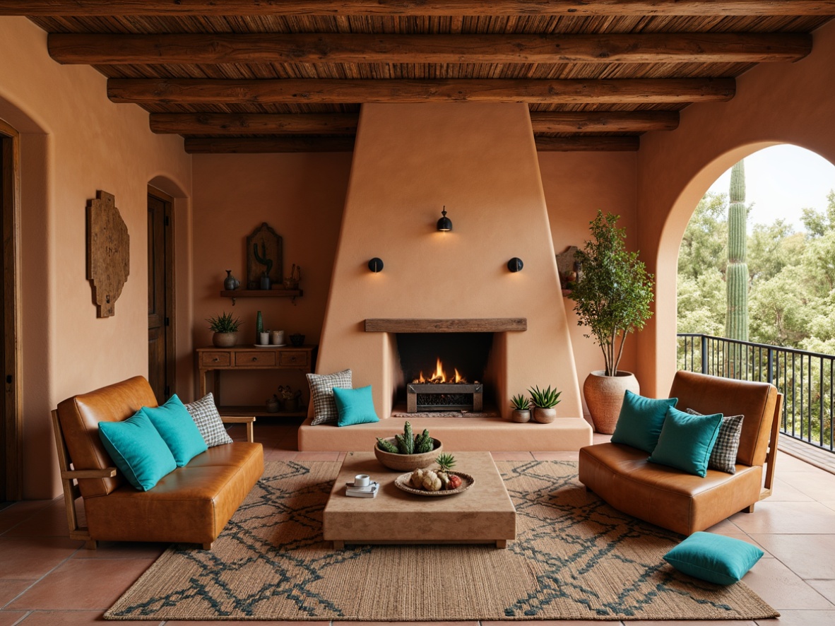 Prompt: Southwestern-style living room, warm earthy tones, rustic wooden furniture, plush woven textiles, vibrant turquoise accents, natural fiber rugs, geometric patterned throw pillows, distressed leather armchairs, ceramic vases with cactus arrangements, adobe-inspired architectural elements, warm soft lighting, shallow depth of field, 1/1 composition, realistic textures, ambient occlusion.