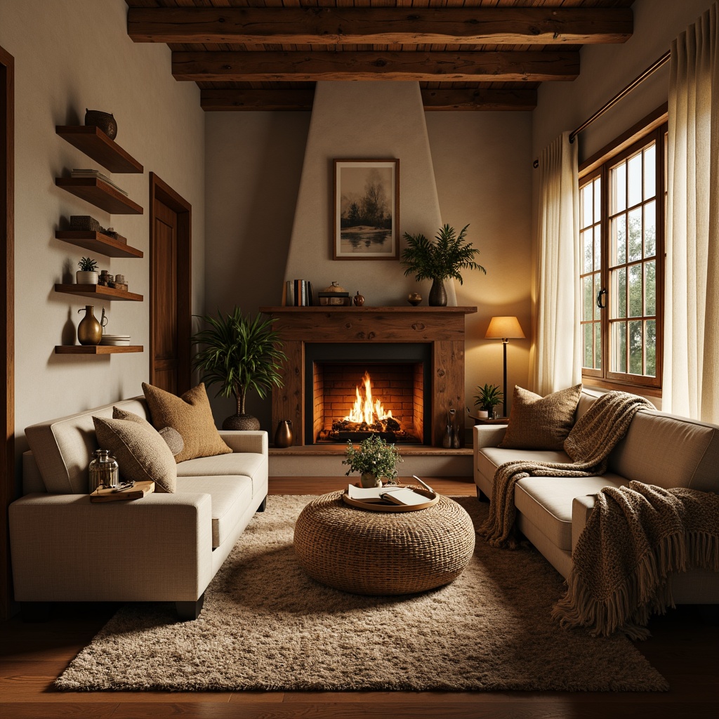 Prompt: Cozy living room, plush area rugs, woven baskets, soft cushioned sofas, chunky knit blankets, warm beige walls, natural wood accents, rustic stone fireplace, crackling fire, golden lamp lighting, comfortable reading nooks, rich velvet drapes, tactile throw pillows, earthy color palette, organic shapes, inviting atmosphere, shallow depth of field, 1/1 composition, soft focus, warm color grading.