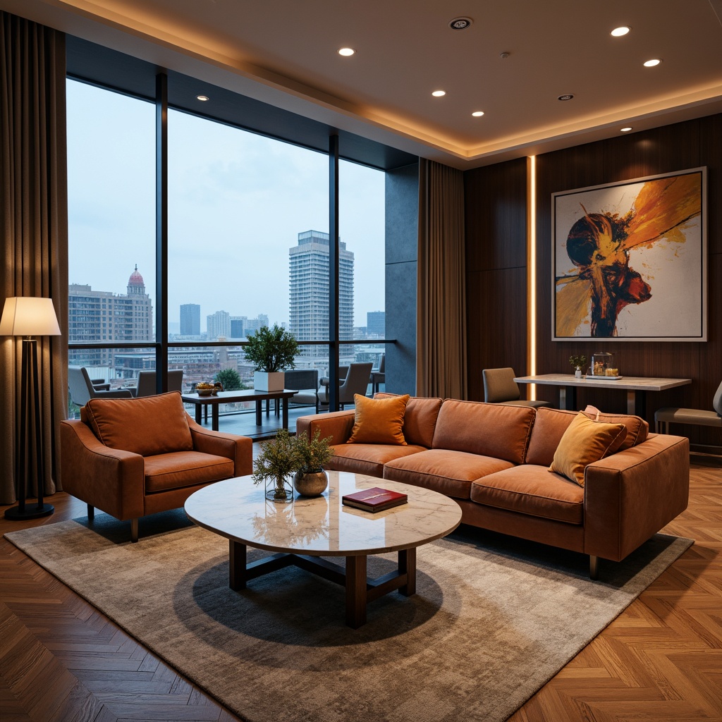 Prompt: Luxurious modern living room, velvet sofas, marble coffee tables, wooden flooring, metallic accents, soft cushioning, ambient lighting, floor-to-ceiling windows, cityscape views, abstract artwork, geometric patterns, rich wood tones, premium leather upholstery, polished chrome fixtures, sleek minimalist lines, sophisticated color palette, warm cozy atmosphere, shallow depth of field, 1/1 composition, softbox lighting, realistic textures, subtle shadows.