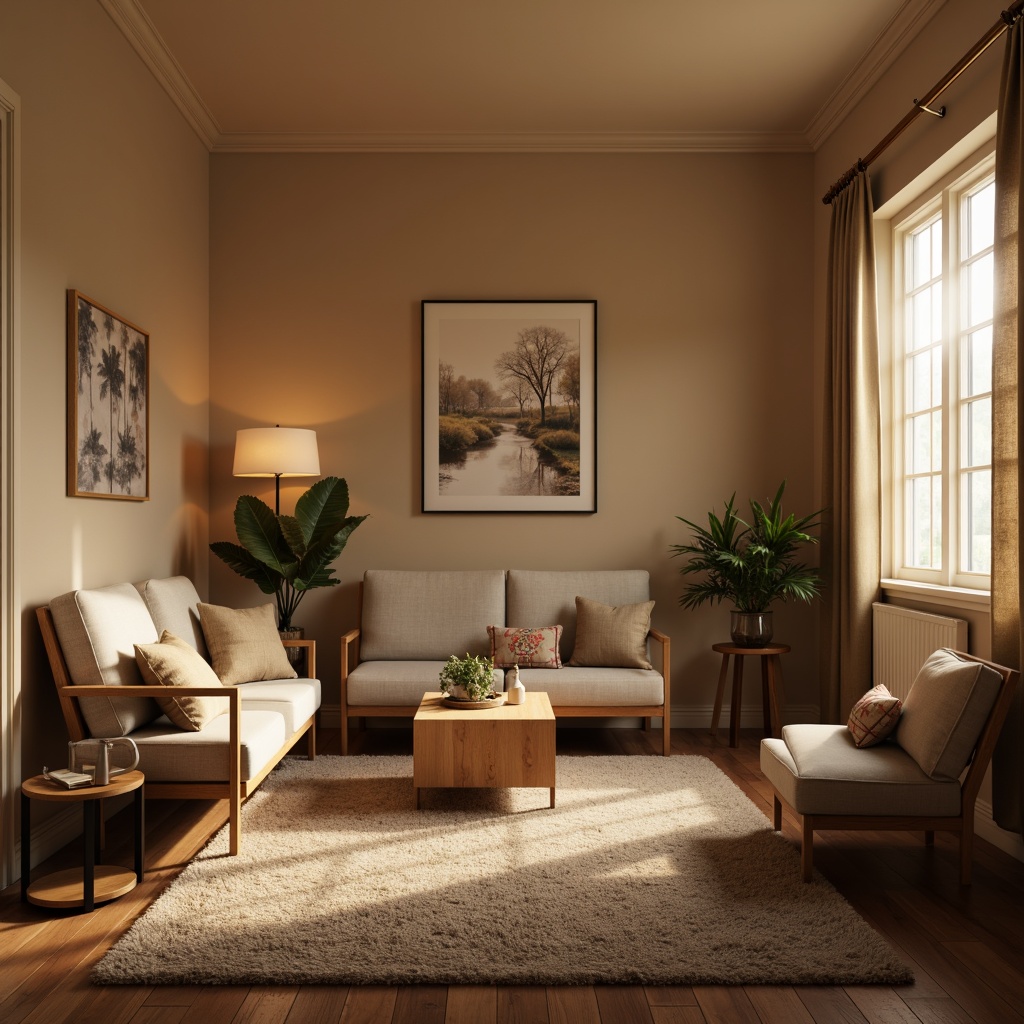 Prompt: Cozy living room, soft warm glow, comfortable seating area, wooden floorboards, plush carpets, gentle lamp lighting, warm beige walls, minimal decor, natural textiles, calming color palette, relaxed atmosphere, intimate setting, subtle shadows, 1/1 composition, shallow depth of field, realistic reflections, ambient occlusion.