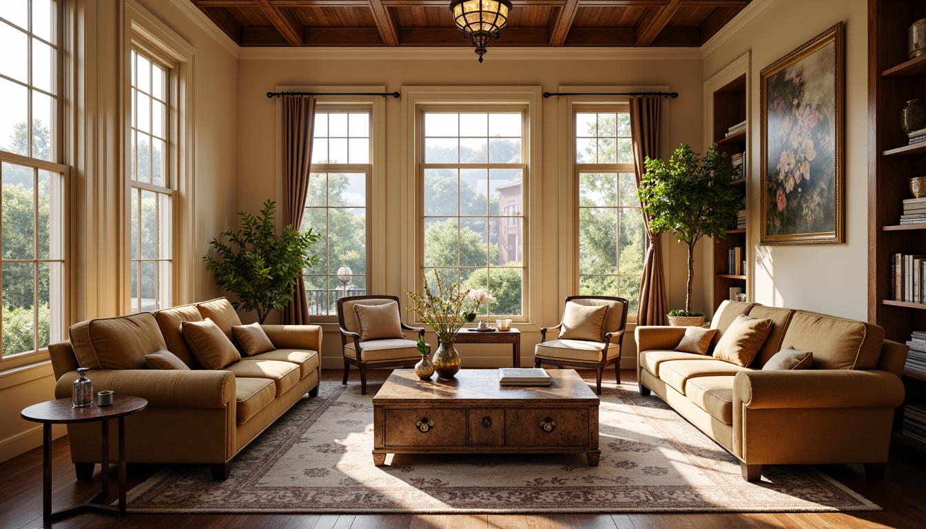 Prompt: Elegant sunroom, classicism style, warm beige walls, large windows, soft natural light, comfortable velvet sofas, distressed wood coffee tables, antique bronze vases, ornate metal frames, plush area rugs, vintage armchairs, rich wooden bookshelves, carved decorative panels, subtle floral patterns, warm earthy tones, soft warm lighting, shallow depth of field, 1/2 composition, realistic textures, ambient occlusion.