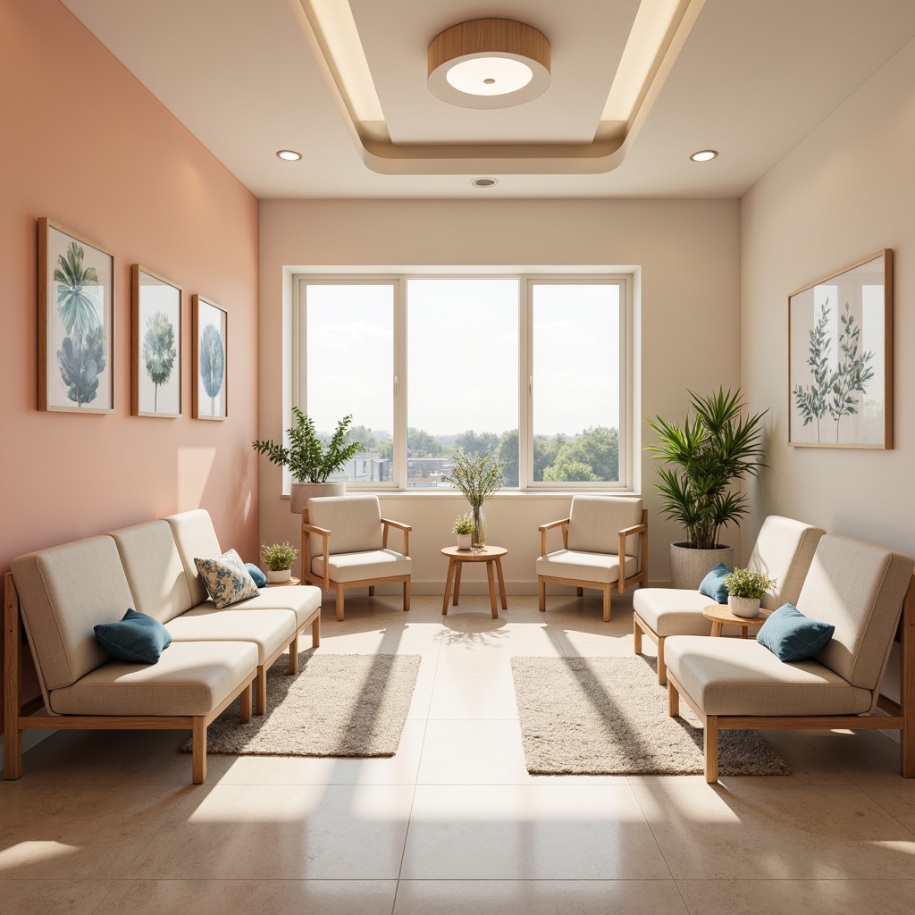 Prompt: Calming dental clinic, soft peach walls, creamy white furniture, soothing blue accents, natural wood textures, gentle curves, warm beige flooring, minimalist decor, subtle patterned rugs, serene waiting area, comfortable seating, calming ambient lighting, shallow depth of field, 1/2 composition, realistic renderings, ambient occlusion.