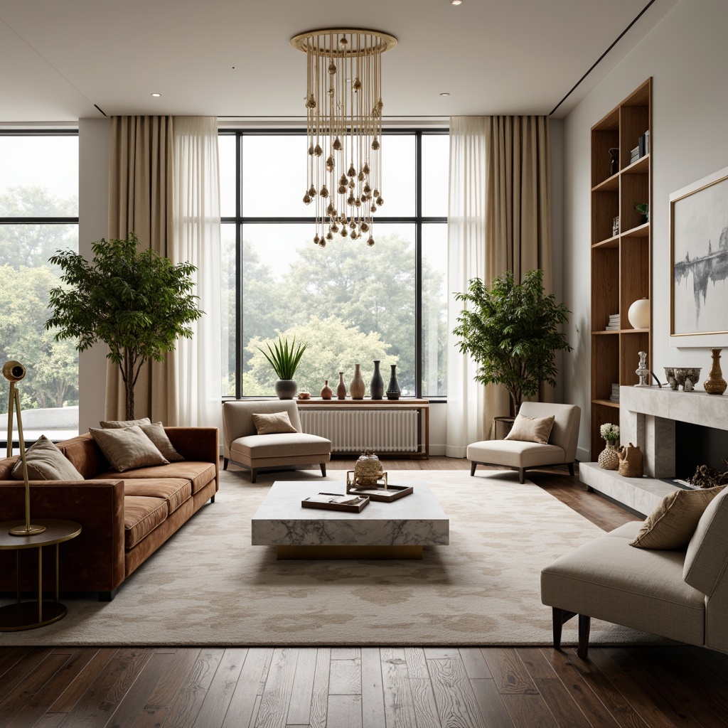 Prompt: Luxurious living room, modern minimalist design, sleek low-profile furniture, rich velvet sofas, metallic accents, marble coffee tables, floor-to-ceiling windows, natural light, soft warm ambiance, 1/1 composition, shallow depth of field, elegant chandeliers, sophisticated textiles, subtle patterns, neutral color palette, creamy whites, dark wood floors, abstract artwork, modern sculptures, greenery, potted plants, ambient lighting, cozy reading nooks.