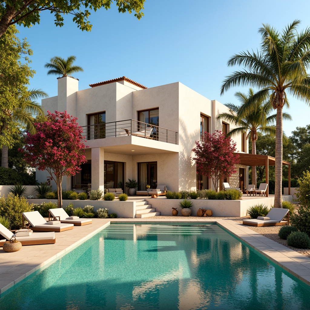 Prompt: Warm Mediterranean villa, creamy white stucco walls, rustic stone accents, terra cotta roof tiles, lush greenery, vibrant bougainvillea flowers, turquoise pool water, soft sandy beach, clear blue sky, warm golden lighting, shallow depth of field, 1/2 composition, realistic textures, ambient occlusion.