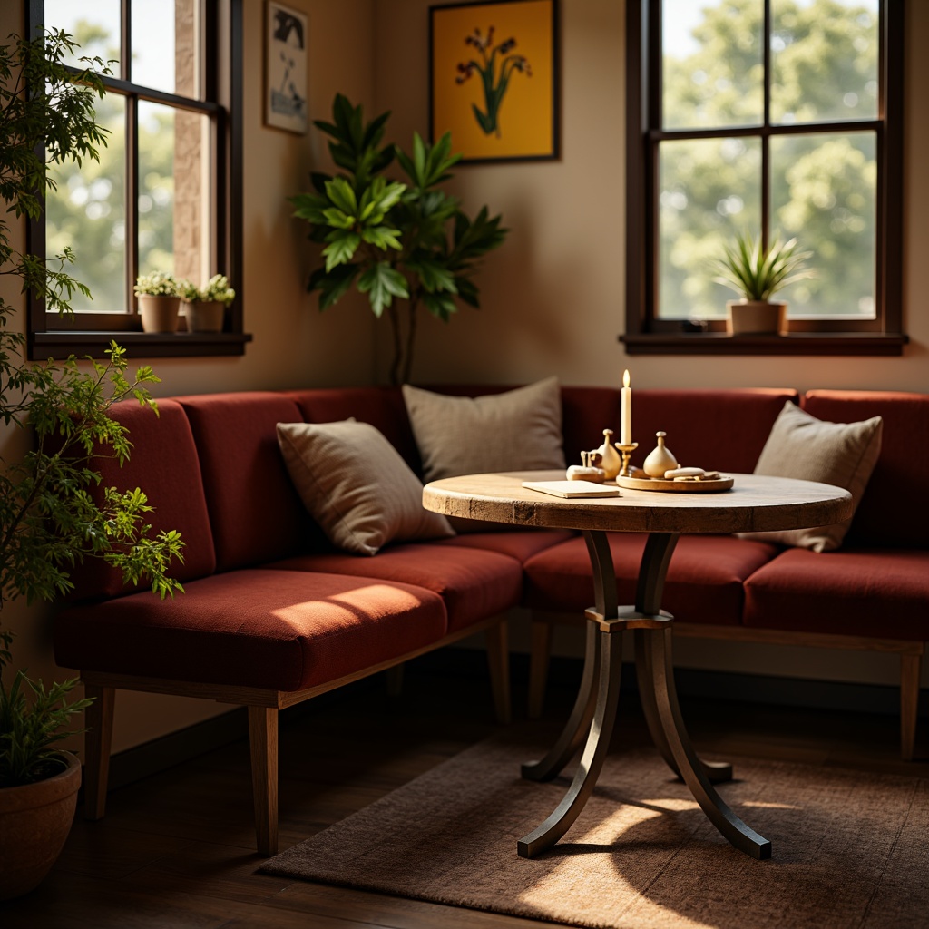 Prompt: Cozy nook atmosphere, stylish wooden table, rich brown texture, ornate metal legs, elegant curved lines, luxurious velvet upholstery, golden hardware accents, warm ambient lighting, soft candle glow, intimate conversation setup, 1/1 composition, shallow depth of field, warm beige walls, plush area rug, vibrant greenery, refreshing morning sunlight, realistic wood grain, subtle shadows.