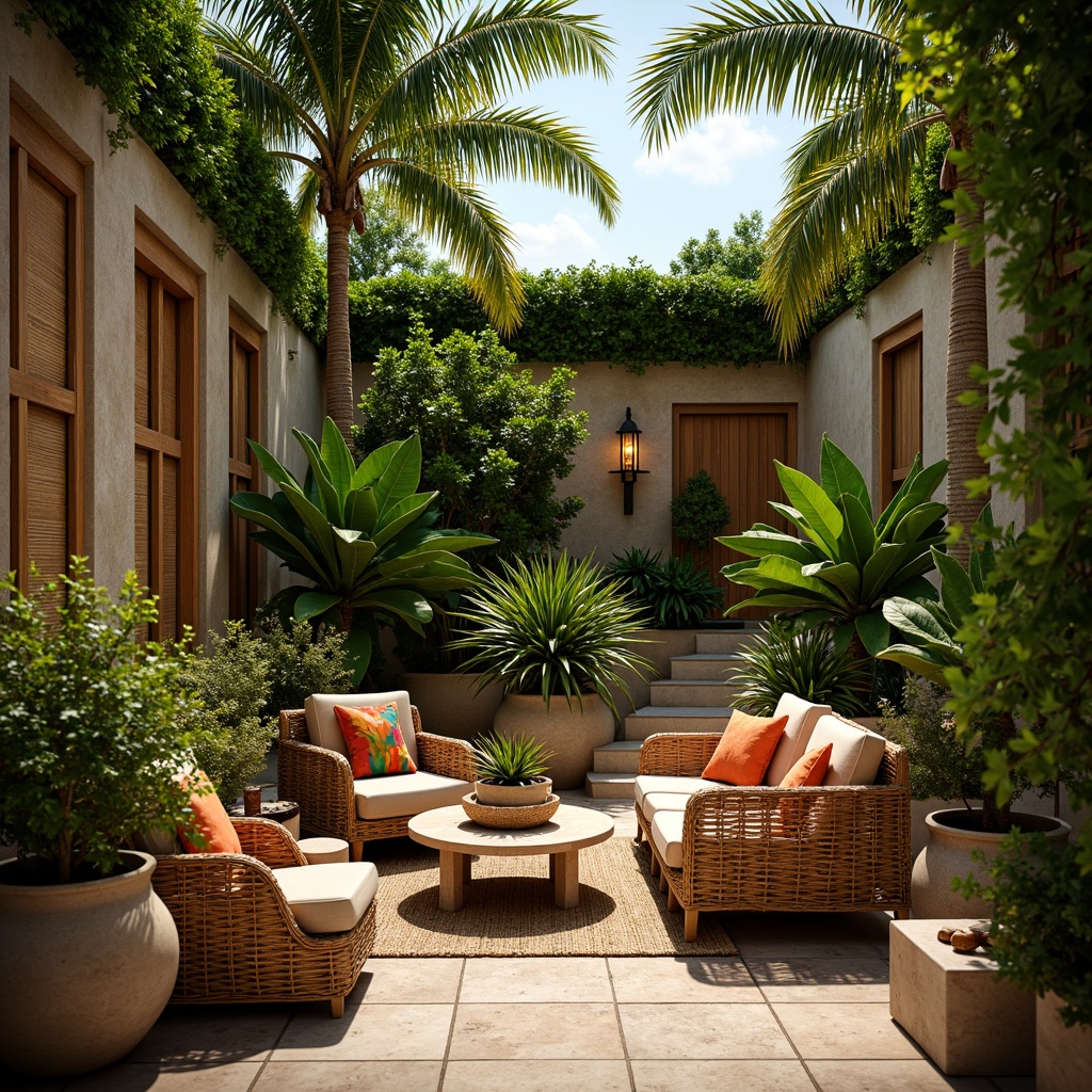 Prompt: Vibrant tropical foliage, exotic palm trees, woven rattan furniture, distressed wood accents, natural jute rugs, earthy terracotta pots, colorful tiki torches, lush greenery walls, rustic bamboo decor, woven sea grass textures, coral-inspired patterns, sunny warm lighting, soft focus, shallow depth of field, 1/2 composition, intimate atmosphere, realistic ambient occlusion.