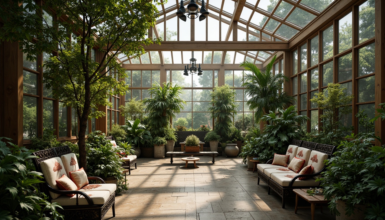 Prompt: Elegant greenhouse interior, lush greenery, exotic plants, natural stone flooring, wooden trellises, ornate metal benches, vintage garden furniture, distressed wood accents, soft warm lighting, misty atmosphere, 1/1 composition, realistic textures, ambient occlusion, Victorian-style armchairs, velvet upholstery, intricate carvings, bronze hardware, botanical prints, floral patterns, nature-inspired decorative accents.