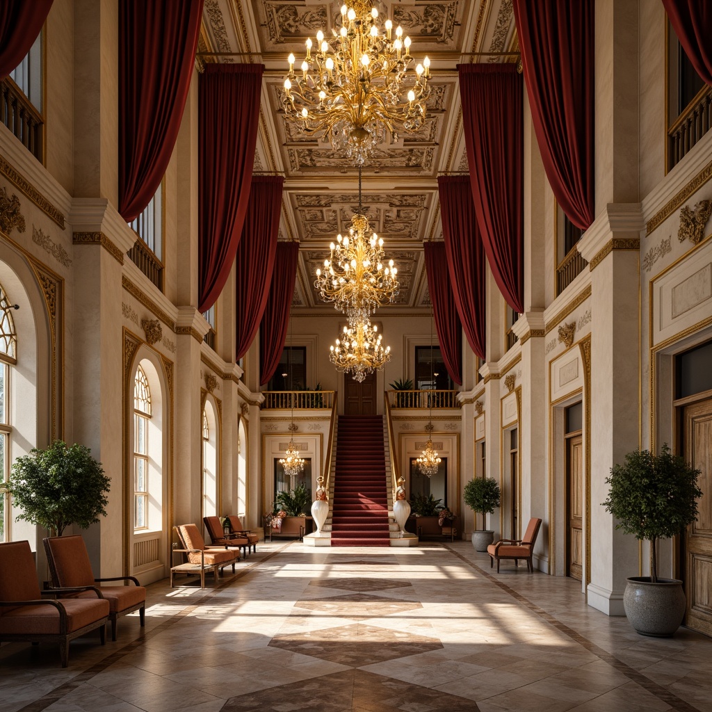 Prompt: Grand hall, high ceilings, ornate chandeliers, marble floors, intricately carved columns, classic Roman arches, luxurious drapery, velvet upholstery, gilded accents, majestic staircases, symmetrical composition, warm golden lighting, shallow depth of field, 1/1 perspective, realistic textures, ambient occlusion.