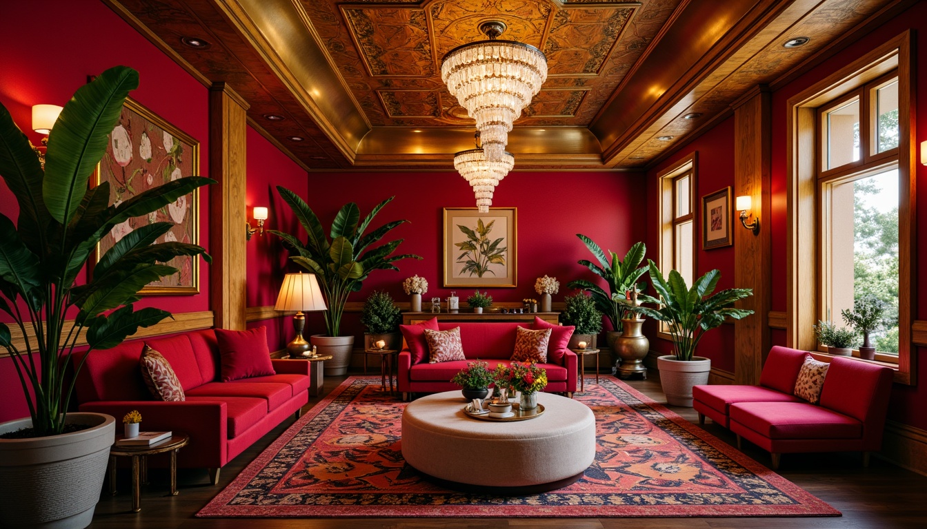 Prompt: Vibrant boutique hotel, rich wood accents, bold crimson red walls, luxurious velvet furnishings, metallic gold fixtures, ornate plaster ceilings, lavish crystal chandeliers, whimsical patterned rugs, eclectic artwork, exotic tropical plants, warm golden lighting, shallow depth of field, 1/2 composition, intimate ambiance, soft focus, realistic textures.