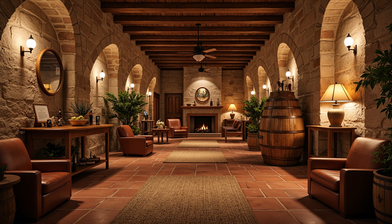 Prompt: Rustic wine cellar, earthy tones, terracotta flooring, stone walls, wooden barrels, dim warm lighting, arched ceilings, Mediterranean-inspired decor, vintage wine-making equipment, distressed wood accents, natural stone pathways, woven fiber rugs, rich leather furnishings, elegant metalwork, ambient soft glow, shallow depth of field, 1/1 composition, realistic textures.