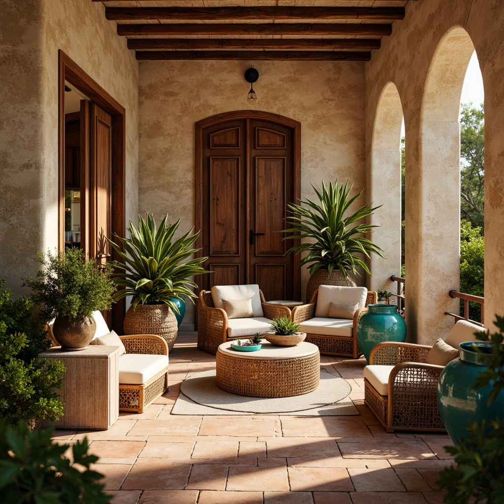 Prompt: Weathered stone walls, rustic terracotta tiles, warm beige stucco, distressed wood accents, ornate metalwork, vibrant turquoise ceramics, lush greenery, natural textiles, woven rattan furniture, earthy color palette, soft golden lighting, shallow depth of field, 1/1 composition, intimate atmosphere, realistic textures, ambient occlusion.