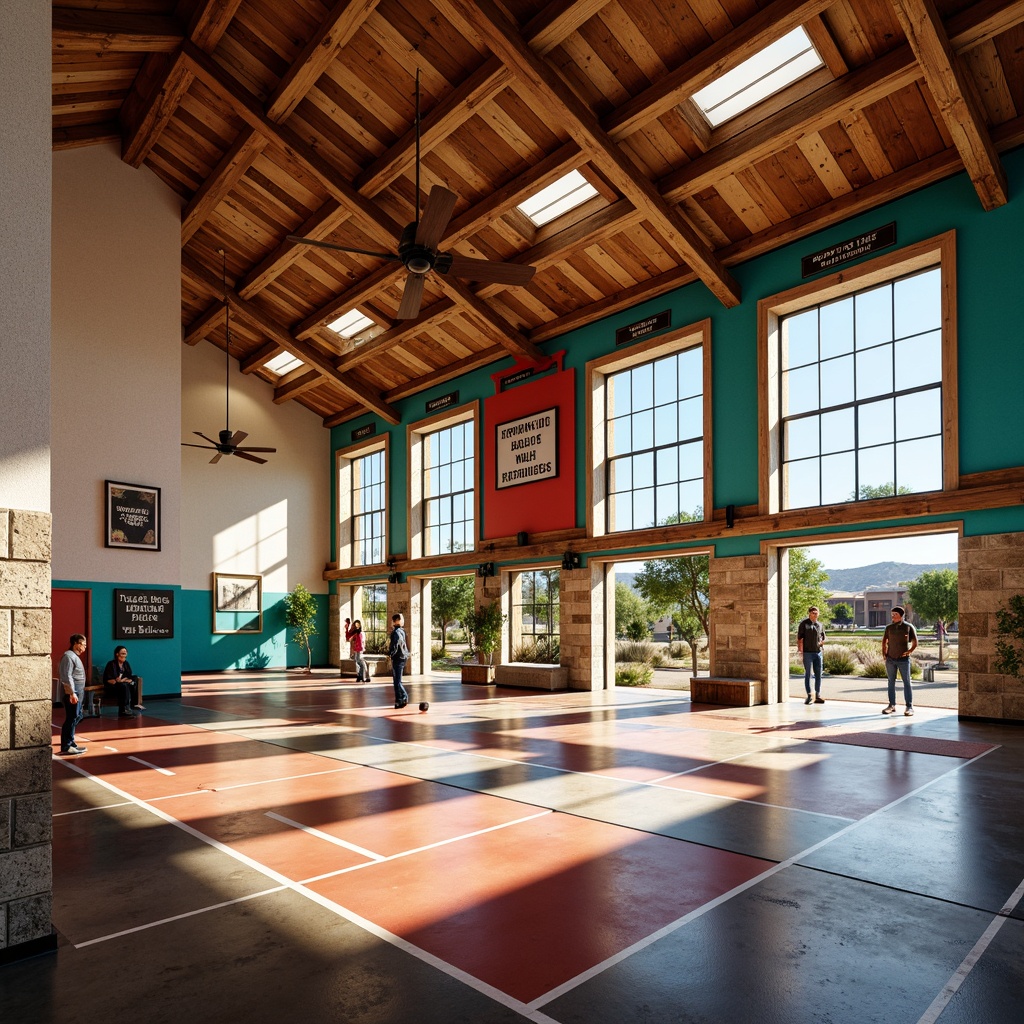 Prompt: Southwestern style gymnasium, rustic wooden accents, earthy tones, exposed beams, industrial metal fixtures, vibrant turquoise hues, bold red accents, natural stone walls, large windows, clerestory lighting, soft warm glow, high ceiling, open spaces, modern fitness equipment, sports flooring, athletic tracks, stadium seating, motivational quotes, desert landscape views, sunny day, dramatic shadowing, 3/4 composition, realistic textures.