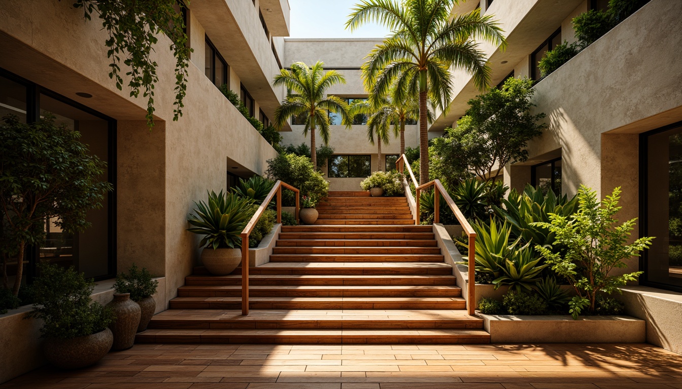 Prompt: Rich tropical hardwood stairs, polished wooden handrails, exotic wood grain patterns, warm golden lighting, lush greenery surroundings, natural stone walls, open-air atrium, high-ceiling spaces, modern minimalist design, sleek metal balusters, durable water-resistant materials, anti-slip coatings, weathered wood textures, realistic wood grain details, subtle gradient shading, 1/1 composition, soft focus effect.