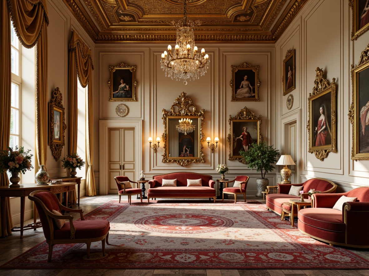 Prompt: Opulent palace, intricately carved wooden furniture, ornate mirrors, gilded frames, velvet upholstery, rich jewel-toned fabrics, delicate porcelain vases, lavish chandeliers, crystal droplets, soft golden lighting, warm beige walls, marble floors, curved lines, whimsical patterns, Baroque-inspired accents, luxurious textiles, French Renaissance influences.