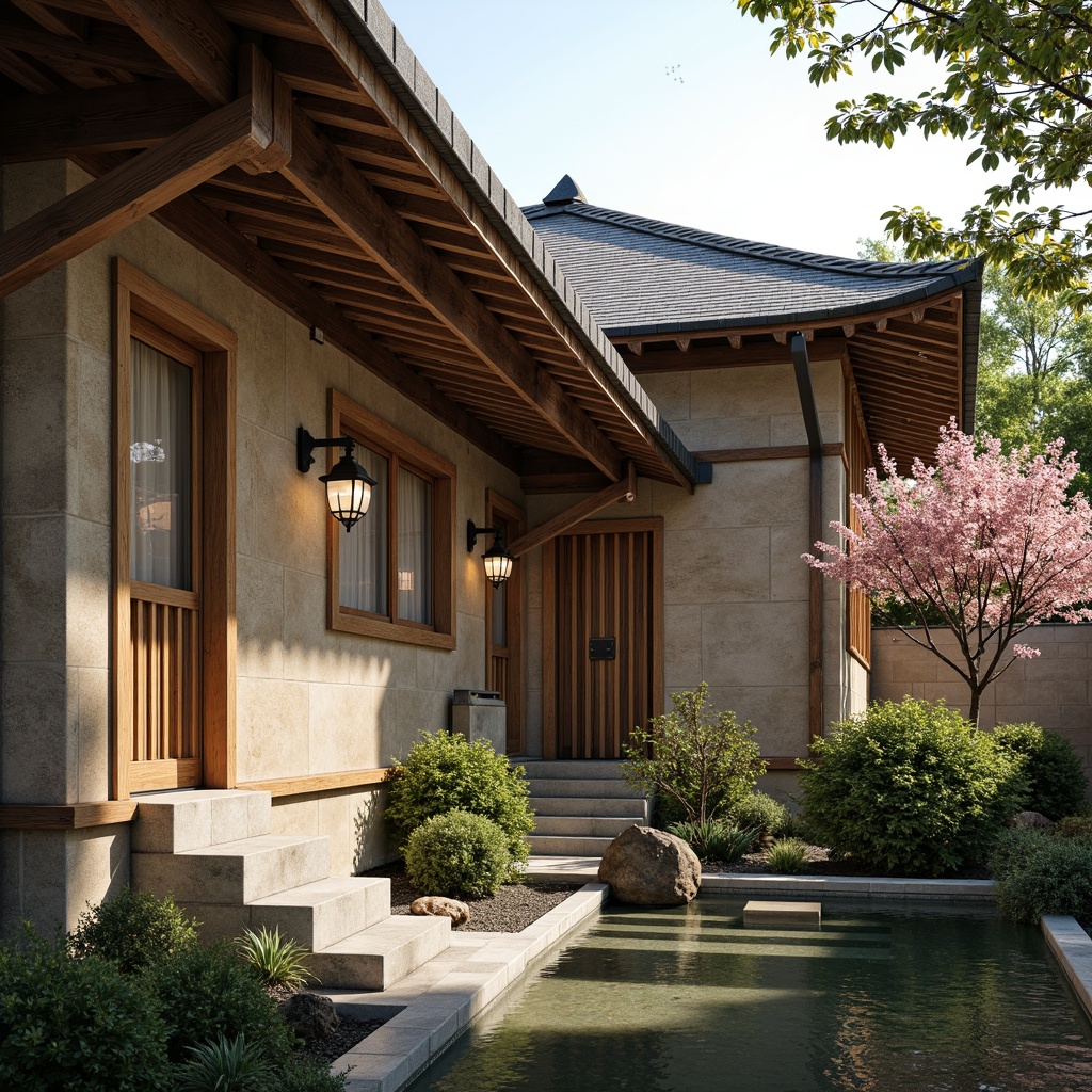 Prompt: Traditional Japanese-inspired architecture, natural stone walls, rustic wooden accents, earthy color palette, textured stucco finishes, distressed wood paneling, ornate metal fixtures, lantern-style lighting, serene water features, lush greenery, blooming cherry blossoms, warm sunny day, soft diffused lighting, shallow depth of field, 3/4 composition, realistic textures, ambient occlusion.