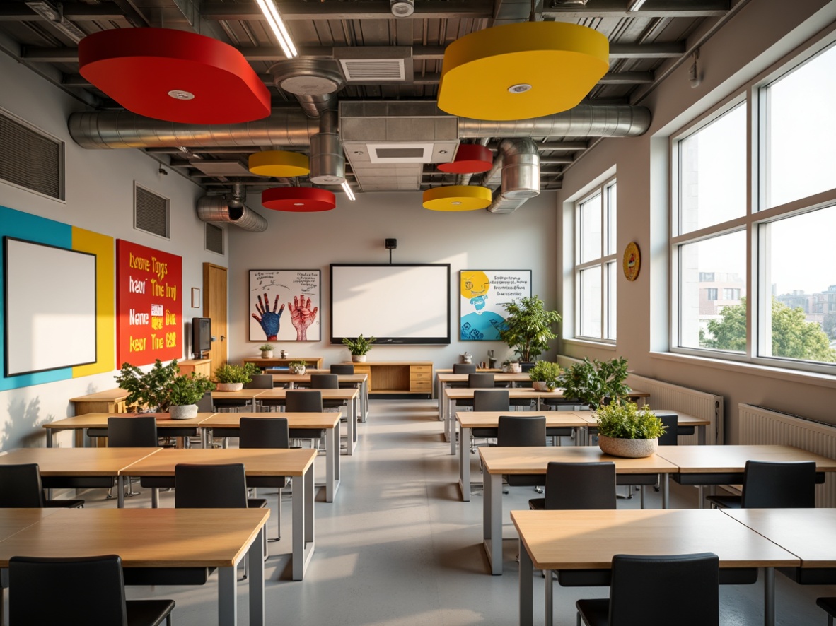 Prompt: Vibrant classroom, modern educational setting, soft warm lighting, natural daylight, LED light fixtures, suspended ceiling lamps, colorful wall decorations, interactive whiteboards, collaborative learning spaces, ergonomic chairs, wooden desks, inspirational quotes, motivational posters, floor-to-ceiling windows, panoramic views, minimal shadows, high contrast ratios, 1/1 composition, realistic textures, ambient occlusion.