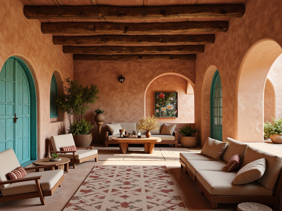 Prompt: Earthy adobe walls, rustic stucco textures, natural stone accents, distressed wooden beams, vibrant turquoise hues, warm terracotta tones, woven Native American patterns, geometric ceramic tiles, desert-inspired botanical prints, soft ambient lighting, shallow depth of field, 1/1 composition, realistic textures, ambient occlusion.