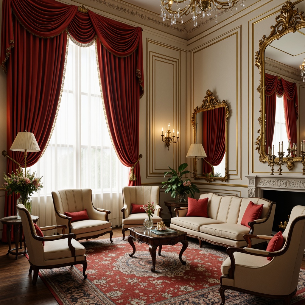 Prompt: Luxurious velvet drapes, intricately carved wooden paneling, ornate gold leaf accents, delicate crystal chandeliers, plush silk upholstery, curved Louis XV furniture, soft cream-colored walls, richly patterned rugs, lavish floral arrangements, elegant candelabras, intricate moldings, opulent marble fireplaces, warm candlelight, shallow depth of field, 1/1 composition, realistic textures, ambient occlusion.