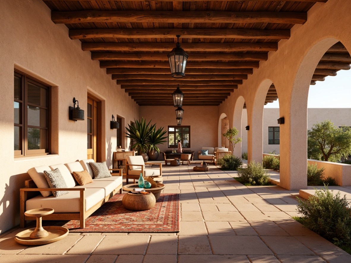 Prompt: Southwestern adobe architecture, warm earthy tones, rustic wooden beams, wrought iron chandeliers, pendant lanterns, clay pottery-inspired sconces, turquoise glass accents, hand-painted tiles, vibrant textiles, desert botanicals, cacti silhouettes, warm sunny days, soft warm lighting, ambient occlusion, realistic textures, shallow depth of field, 3/4 composition.