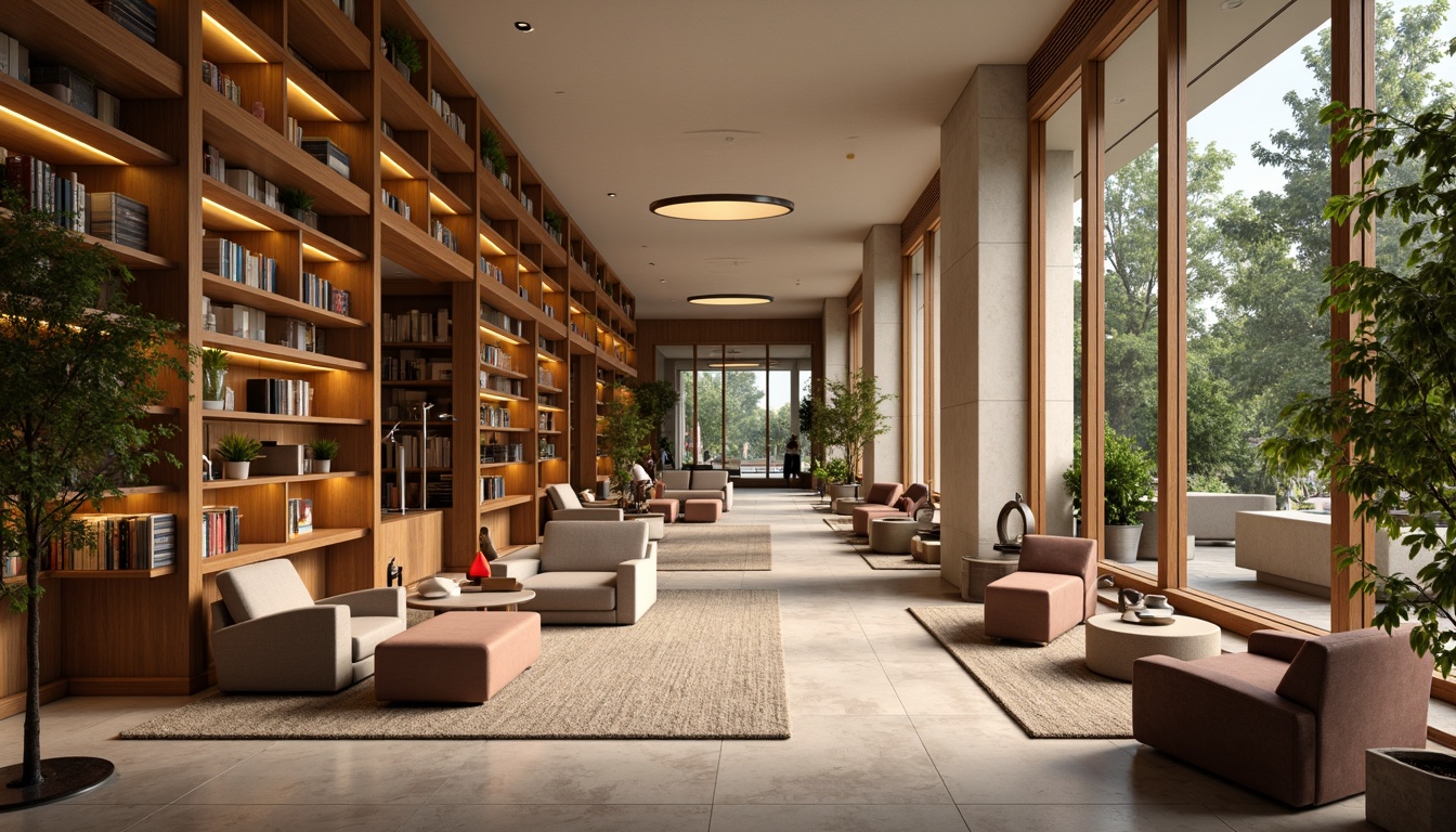 Prompt: Cozy library atmosphere, warm beige walls, rich walnut wood shelves, comfortable reading nooks, plush armchairs, soft velvet couches, golden lamp lighting, earthy tone carpets, natural stone flooring, modern minimalist design, floor-to-ceiling windows, abundance of greenery, calming pastel colors, soothing color scheme, serene ambiance, warm white lighting, 1/2 composition, shallow depth of field, realistic textures, ambient occlusion.