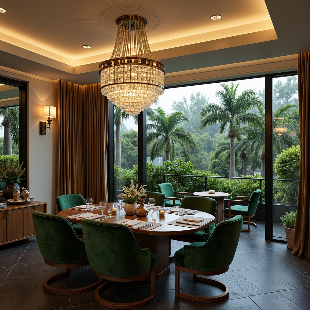 Prompt: Elegant dining room, luxurious velvet furniture, rich wood tones, metallic gold accents, crystal chandeliers, soft cream walls, deep charcoal floors, vibrant emerald greenery, dramatic floor-to-ceiling windows, warm ambient lighting, shallow depth of field, 2/3 composition, realistic textures, subtle atmospheric effects.