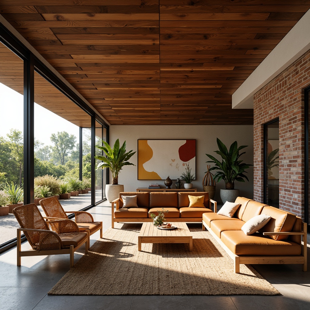 Prompt: Rich walnut wood grain, smooth leather upholstery, woven wicker furniture, organic shapes, geometric patterns, bold color blocking, natural stone flooring, brick accents, large windows, sliding glass doors, minimalist decor, tropical plants, warm sunny day, soft diffused lighting, shallow depth of field, 3/4 composition, panoramic view, realistic textures, ambient occlusion.