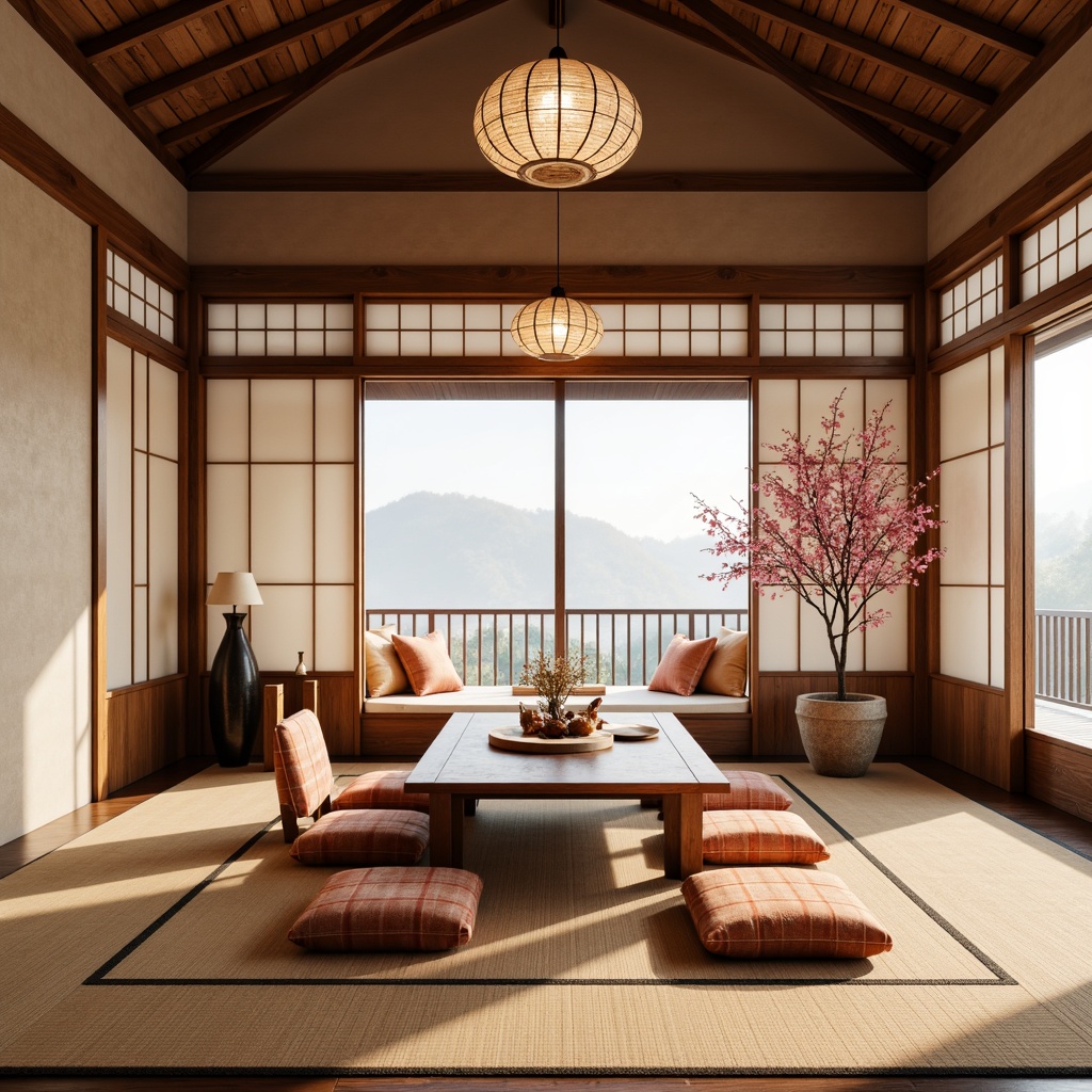 Prompt: Traditional Japanese shoji screens, natural wood accents, woven bamboo textures, soft paper lanterns, earthy terracotta tones, subtle silk fabrics, delicate cherry blossom patterns, minimalist decor, serene ambiance, warm softbox lighting, 1/1 composition, realistic wood grain, ambient occlusion.