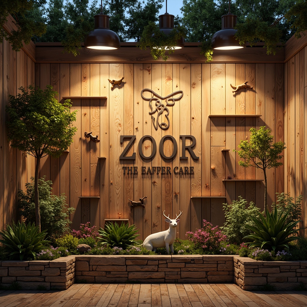 Prompt: Whimsical zoo-themed wall, playful animal silhouettes, distressed wooden planks, earthy color palette, rustic metal accents, vintage signage, artificial foliage, natural stone textures, organic shapes, curvaceous lines, fantastical creatures, dreamlike atmosphere, warm golden lighting, soft focus effect, 1/2 composition, intimate view, detailed textures, ambient shading.