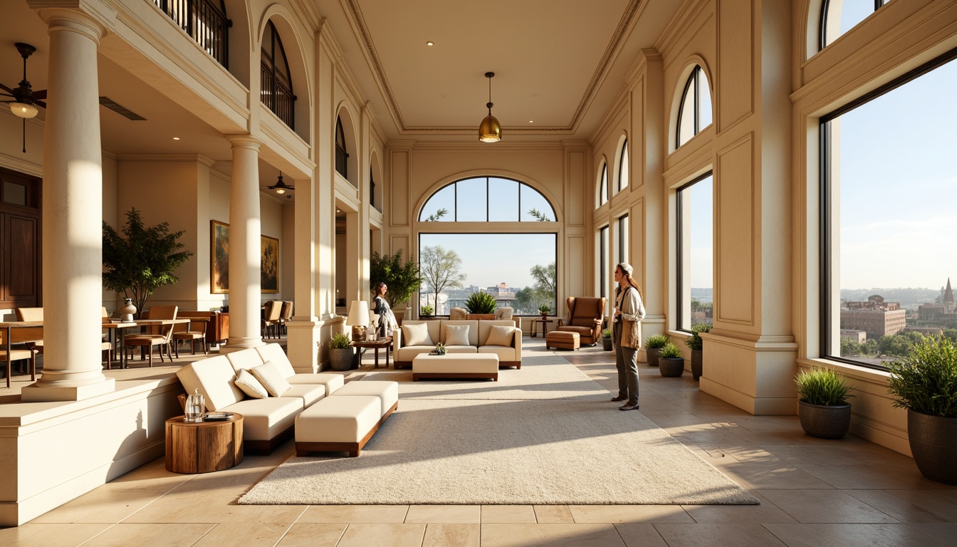 Prompt: Warm beige walls, soft cream accents, elegant wainscoting, ornate moldings, classic columns, natural stone flooring, plush area rugs, comfortable seating areas, floor-to-ceiling windows, panoramic views, abundant natural light, gentle warm lighting, subtle texture variations, 1/1 composition, symmetrical balance, realistic renderings, ambient occlusion.