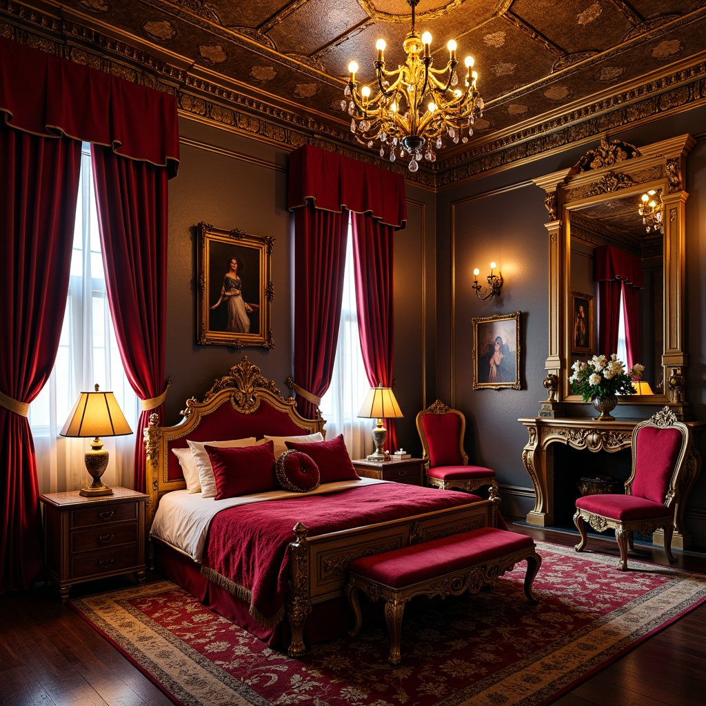 Prompt: Luxurious bedroom, rich velvet fabrics, ornate golden frames, intricate carvings, lavish furnishings, dramatic lighting, bold colors, jewel-toned accents, opulent textures, regal atmosphere, Renaissance-inspired decor, majestic chandeliers, grandiose mirrors, soft warm glow, shallow depth of field, 1/2 composition, intimate setting, romantic ambiance.