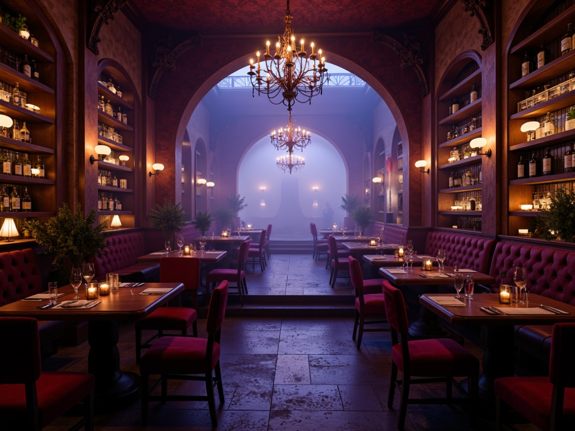 Prompt: Mysterious bar atmosphere, dark wood tones, rich velvet fabrics, ornate metalwork, mystical candles, foggy misty evening, dim warm lighting, dramatic shadows, intricate stone carvings, lavish chandeliers, mysterious crimson reds, deep indigo blues, luxurious emerald greens, metallic gold accents, subtle purple undertones, eerie fog effects, cinematic low-key lighting, ornate gothic arches, mysterious crypt-like ambiance.