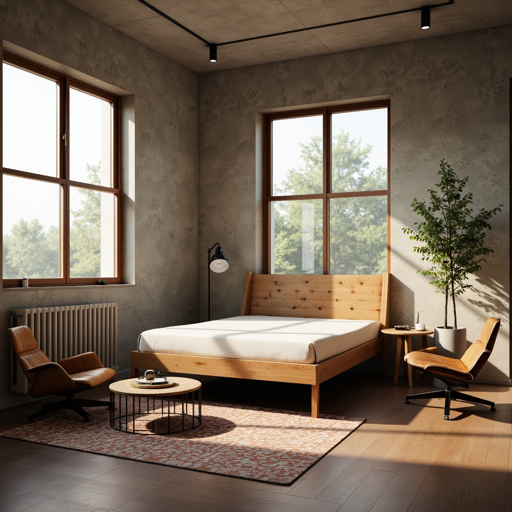 Prompt: Mid-century modern dorm room, wooden furniture, minimalist decor, simple bed frame, tufted headboard, geometric patterned rug, Eames chair, Noguchi coffee table, industrial metal lamp, concrete walls, large windows, natural light, soft warm ambiance, 1/1 composition, shallow depth of field, realistic textures, ambient occlusion.