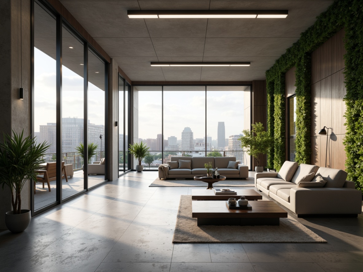 Prompt: Minimalist interior, sleek lines, monochromatic color scheme, polished concrete floors, floor-to-ceiling windows, sliding glass doors, abundant natural light, airy atmosphere, modern furniture pieces, low-profile sofas, geometric-shaped coffee tables, industrial-chic lighting fixtures, green walls, lush plants, urban views, cityscape backdrop, soft warm lighting, shallow depth of field, 3/4 composition, panoramic view, realistic textures, ambient occlusion.