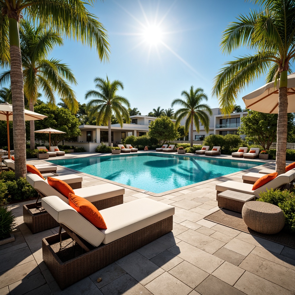 Prompt: Luxurious poolside ambiance, resort-style loungers, plush cushions, weather-resistant wicker furniture, vibrant tropical colors, palm trees, sunny day, warm ambient lighting, shallow depth of field, 3/4 composition, panoramic view, realistic textures, ambient occlusion.