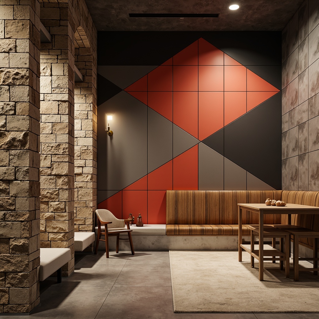 Prompt: Textured walls, geometric patterns, bold color accents, metallic finishes, natural stone cladding, reclaimed wood panels, modern minimalism, industrial chic, urban loft atmosphere, soft warm lighting, shallow depth of field, 3/4 composition, realistic textures, ambient occlusion.