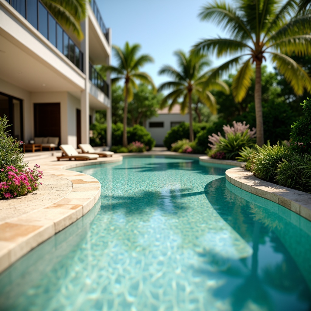 Prompt: Vibrant turquoise water, sun-kissed deck, warm beige coping stones, sleek modern pool design, curved lines, glass tile accents, calming ambiance, soft natural lighting, lush greenery surroundings, palm trees, tropical flowers, refreshing oasis atmosphere, 3/4 composition, shallow depth of field, realistic textures, ambient occlusion.