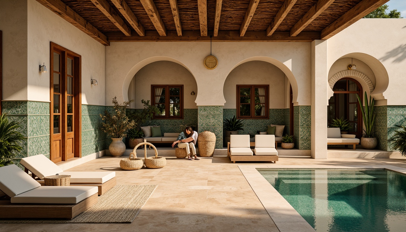 Prompt: Warm beige terracotta flooring, rustic wooden accents, creamy limestone walls, soft turquoise hues, ornate Moroccan-inspired tiles, elegant archways, plush area rugs, natural stone features, tranquil water fountain, lush greenery, abundant natural light, warm golden lighting, 3/4 composition, shallow depth of field, realistic textures, ambient occlusion.