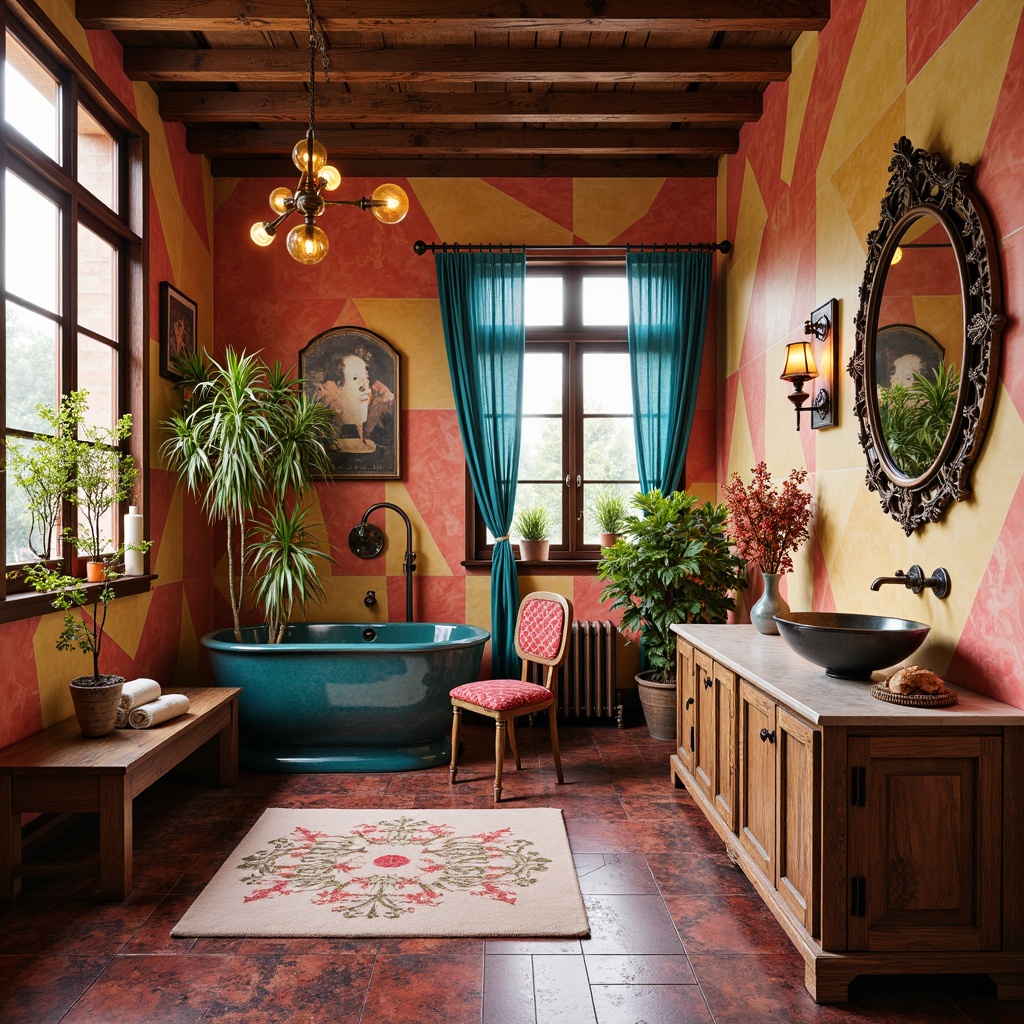 Prompt: Vibrant bathroom scene, bold color palette, irregular shapes, abstract patterns, ornate mirrors, eclectic furniture pieces, distressed wood finishes, metallic accents, luxurious textiles, flowing drapery, organic forms, sculptural fixtures, statement lighting, avant-garde aesthetic, expressive brushstrokes, emotive colors, whimsical touches, 1/1 composition, soft focus, warm glow, shallow depth of field.