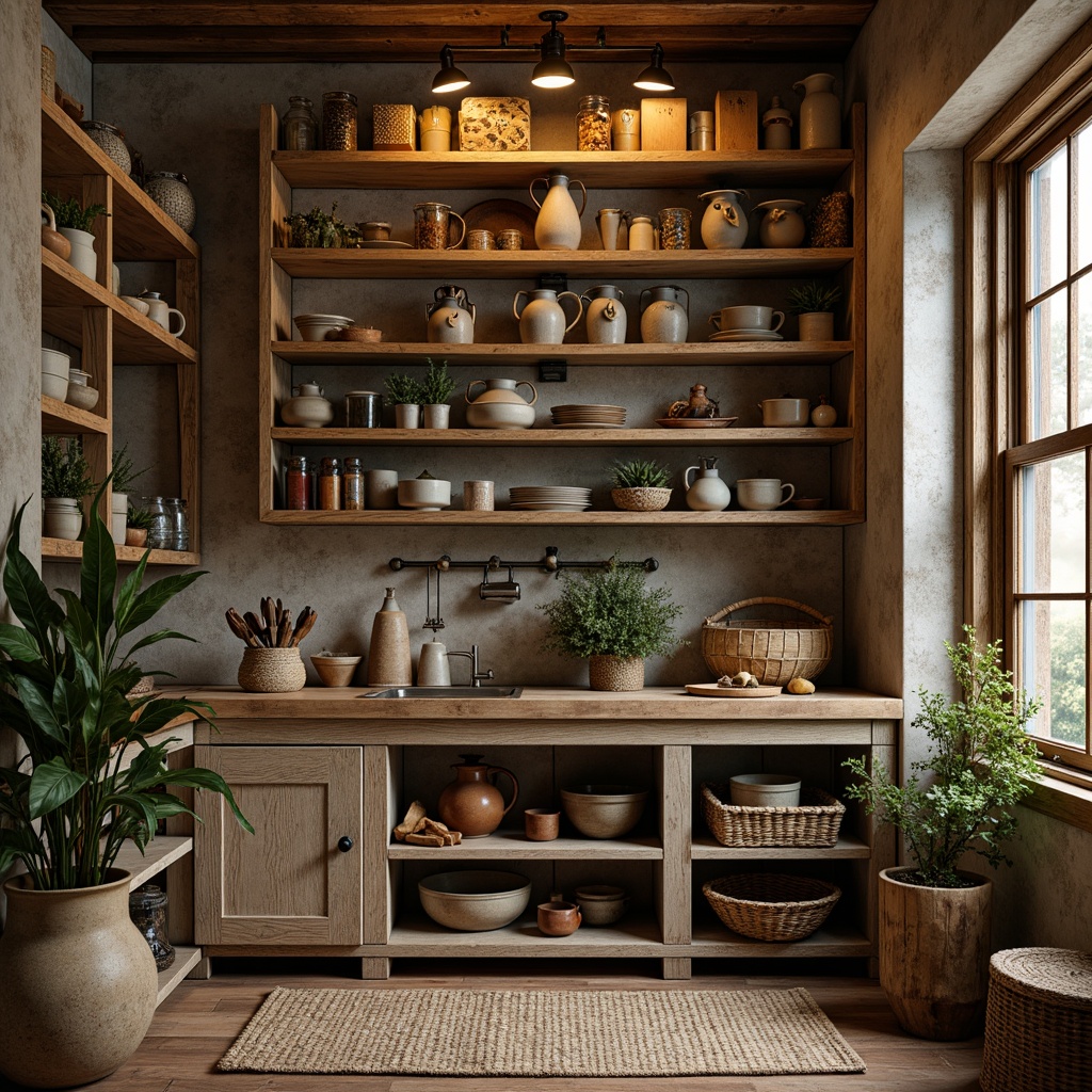 Prompt: Rustic pantry, worn wooden shelves, distressed finishes, earthy tones, vintage kitchenware, ornate metal fixtures, warm golden lighting, soft focus, shallow depth of field, 1/2 composition, textured brushstrokes, impasto techniques, expressive color palette, nostalgic atmosphere, cozy nooks, ceramic jugs, woven baskets, natural fabrics, eclectic decorative accents.