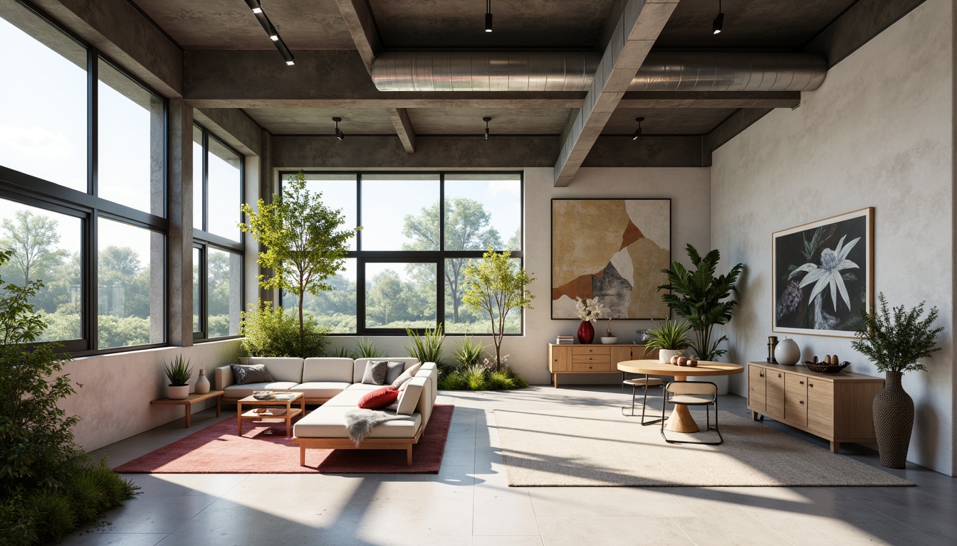 Prompt: Minimalist interior, open floor plan, abundant natural light, industrial materials, exposed ductwork, concrete floors, metal beams, functional simplicity, geometric shapes, primary color accents, angular lines, minimalist decor, functional furniture, built-in shelving, plenty of greenery, potted plants, modern art pieces, sleek lighting fixtures, diffuse soft lighting, shallow depth of field, 3/4 composition, panoramic view, realistic textures, ambient occlusion.