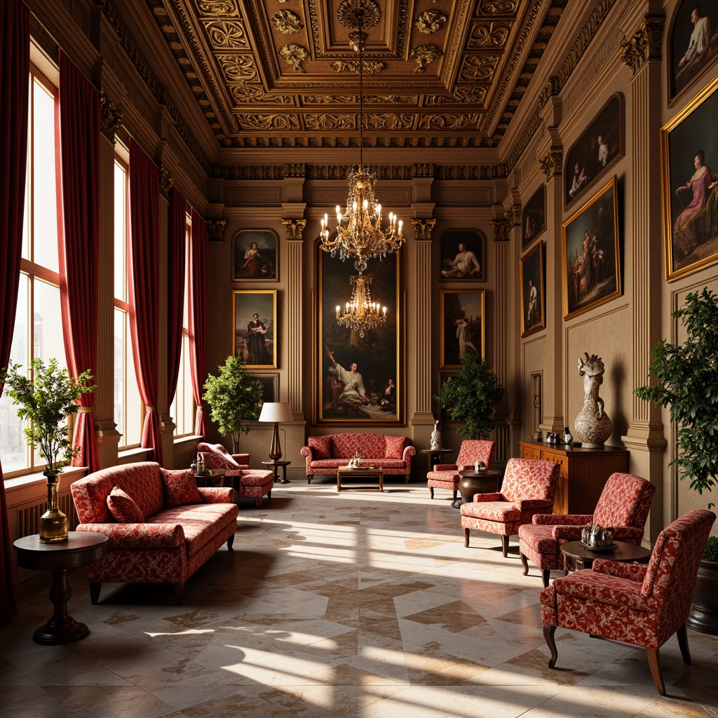 Prompt: Elegant palace interior, ornate furnishings, rich velvet fabrics, intricate gold leaf patterns, carved wooden paneling, marble floors, grand chandeliers, luxurious silk drapes, ornamental mirrors, classic oil paintings, warm earthy tones, high ceilings, decorative moldings, gilded accents, lavish textiles, sophisticated color palette, dramatic lighting, Renaissance-inspired motifs, regal ambiance, opulent atmosphere.