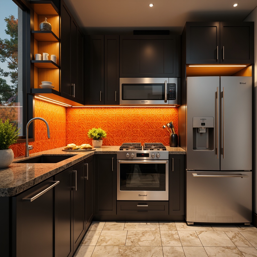 Prompt: Vibrant Asian-inspired kitchen, bold geometric backsplash, contrasting color scheme, stainless steel appliances, minimalist cabinetry, quartz countertops, natural stone flooring, ambient warm lighting, shallow depth of field, 1/2 composition, realistic textures, subtle reflections.