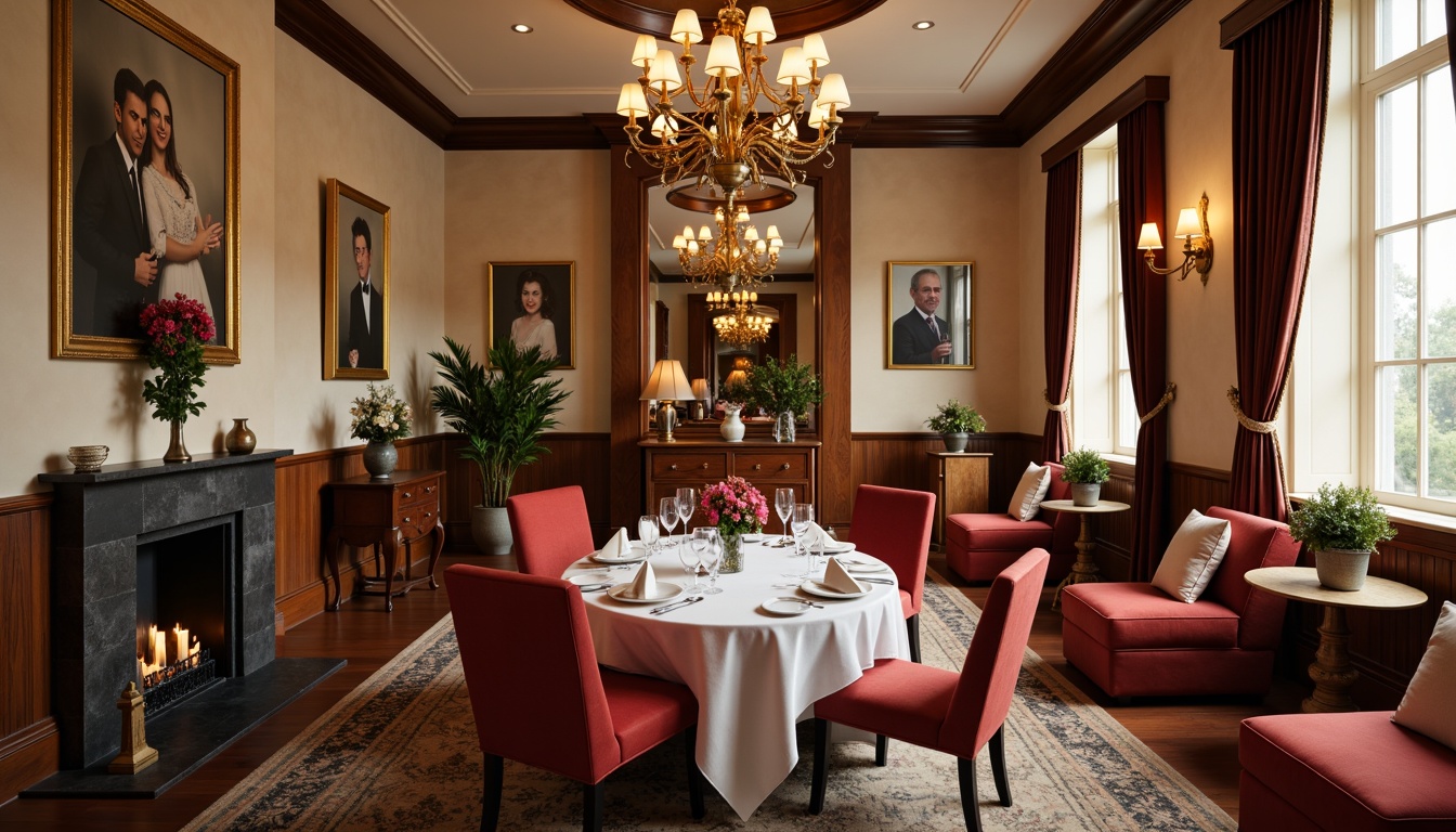 Prompt: Elegant dining room, luxurious velvet furniture, rich wood tones, ornate chandeliers, lavish gold accents, soft cream walls, bold red statement pieces, sophisticated neutral rugs, plush throw pillows, refined silverware, crystal glassware, warm candlelight, dramatic floor-to-ceiling curtains, stately architectural columns, inviting warm atmosphere, cozy intimate seating areas, subtle texture contrasts, 1/1 composition, shallow depth of field, realistic reflections.